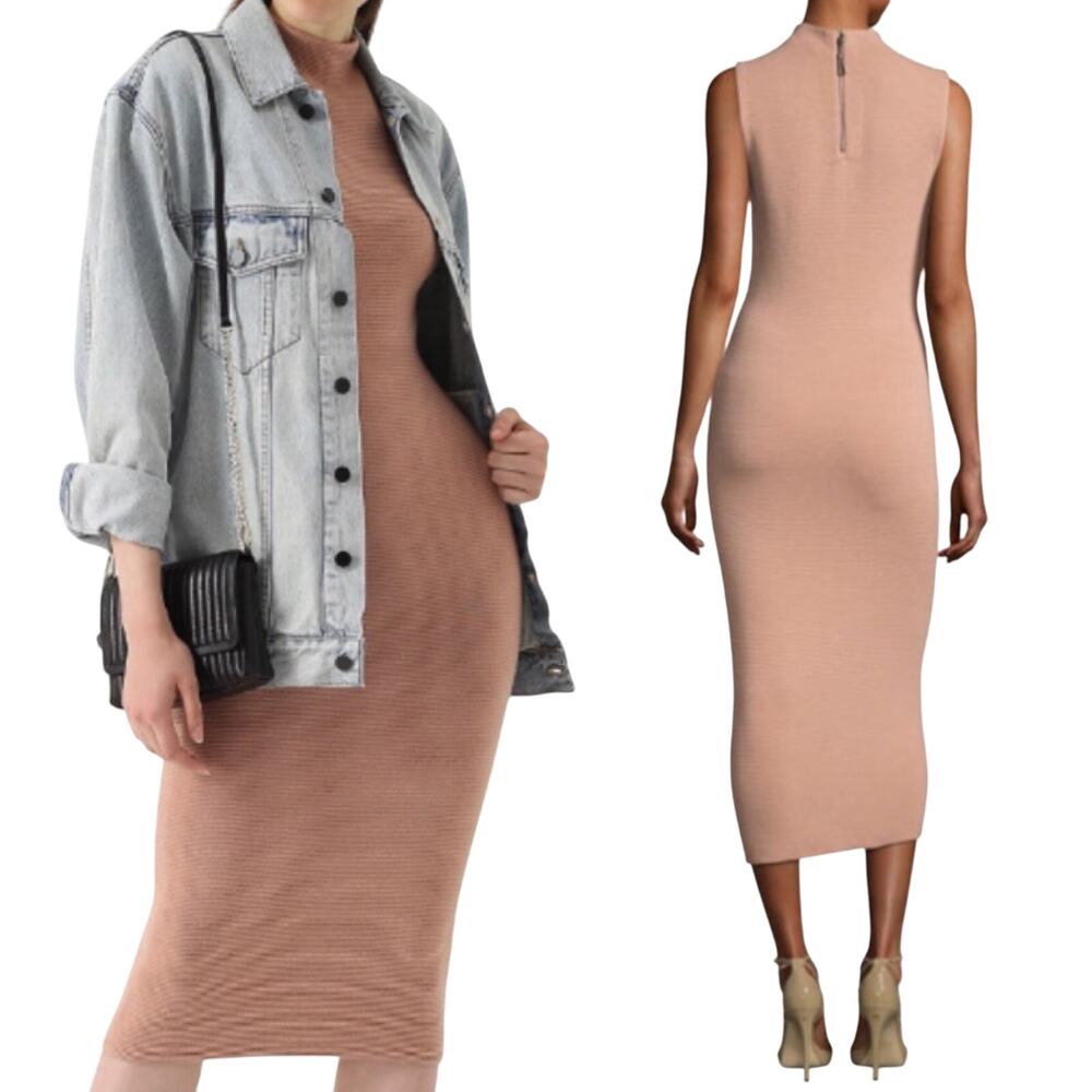 Alice + Olivia Hana Mock Neck Midi Ribbed Knit Sweater Dress Bodycon Rose Tan S
